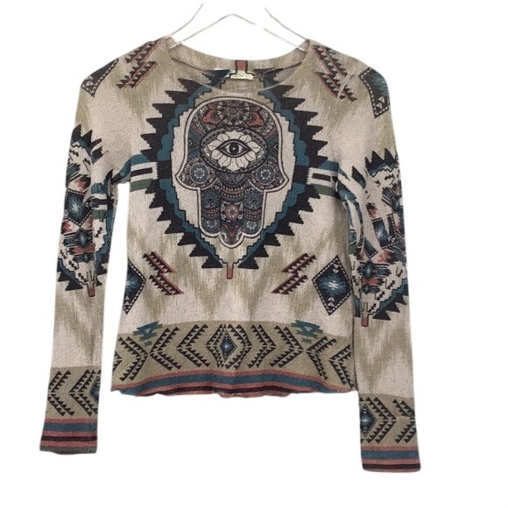 Gaze Beige Multicolor Henna Hand Pattern Long Sleeve Knit Top XS USA